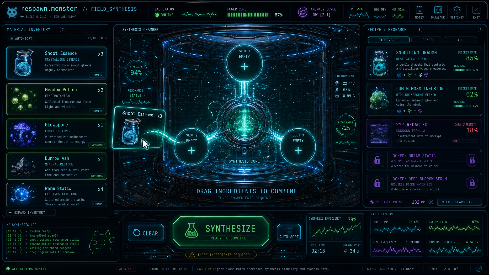 Full-screen Field Synthesis alchemy bench concept with inventory stacks, drag-to-combine slots, recipe research, and terminal logs