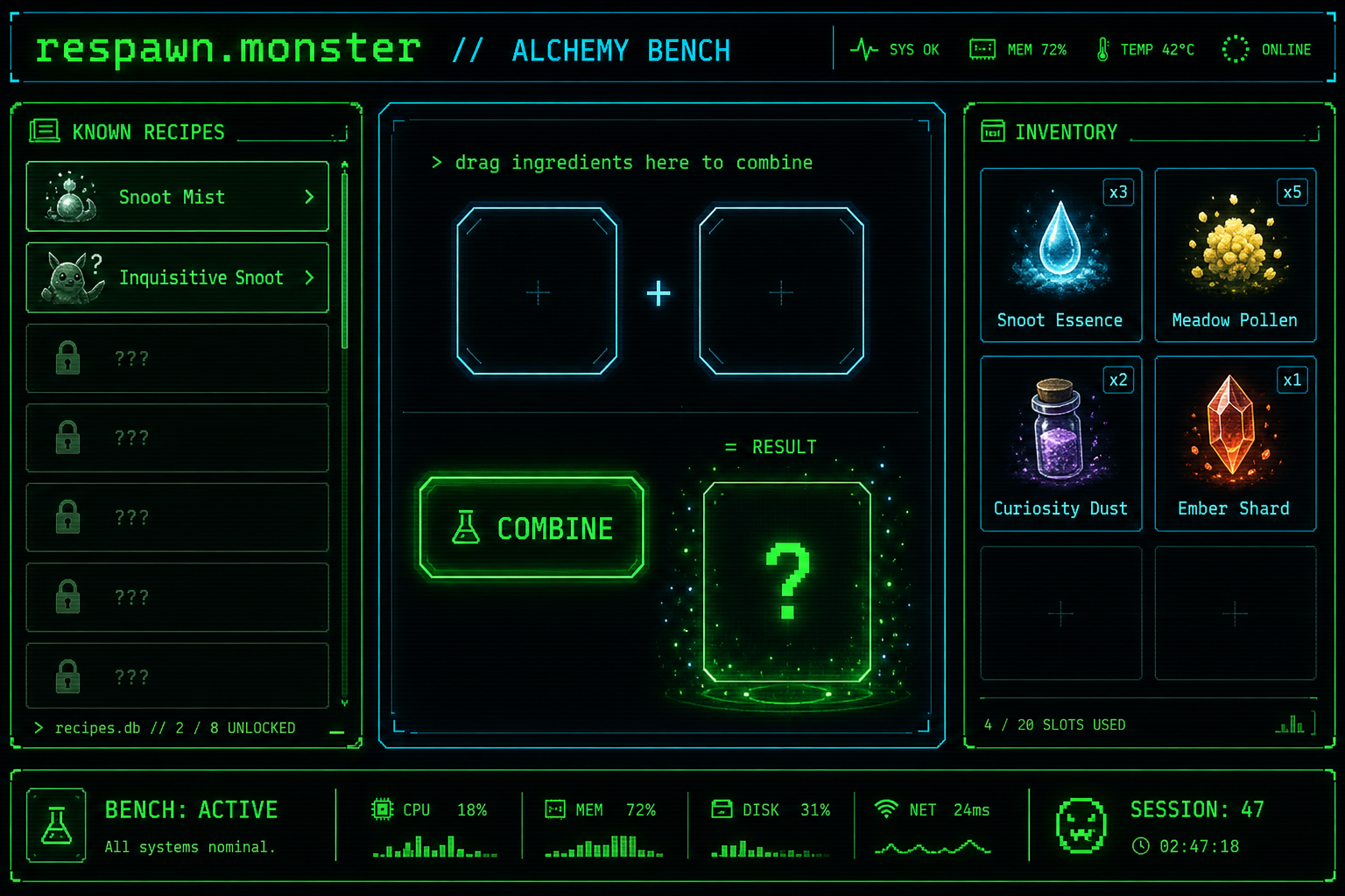 Alchemy bench mockup with known recipes, ingredient slots, combine button, inventory grid, and terminal status bar