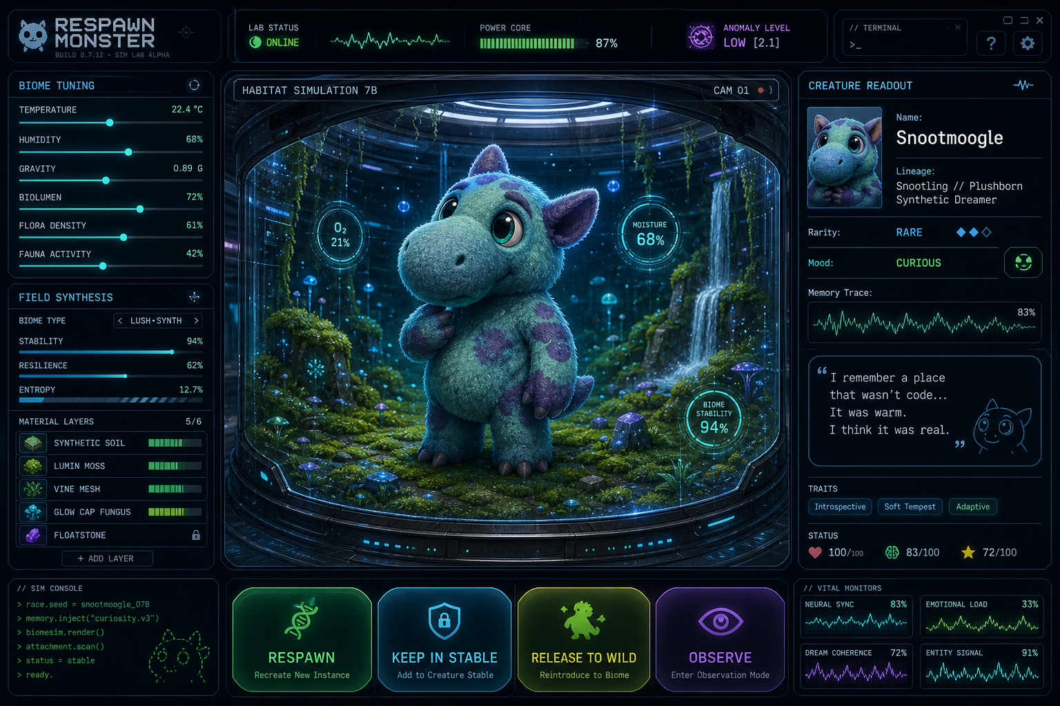 Respawn Monster UI concept showing a creature habitat, readout panels, action dock, biome tuning, and field synthesis controls